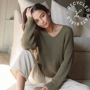 Jenni Kayne Cotton Cabin Ribbed Italian Knit V-Neck Relaxed Sweater Sage Green
